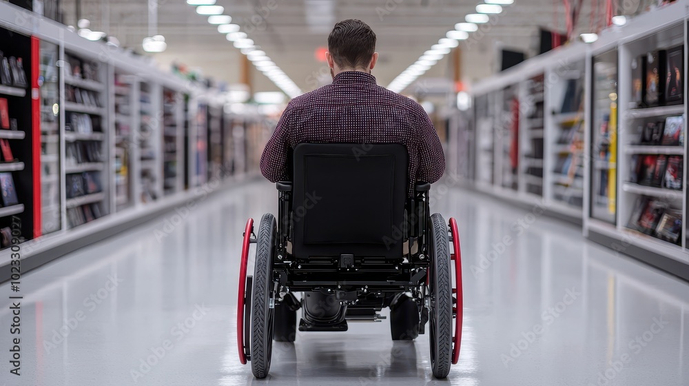 Obraz premium Person in wheelchair navigating aisle in store, showcasing accessibility in retail environments.
