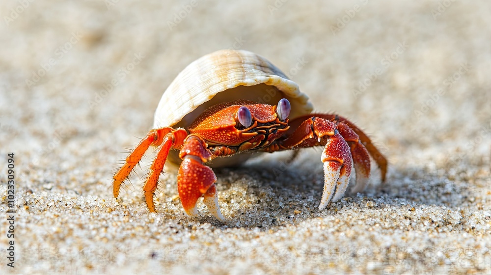 A tiny hermit crab scuttling across the sand, with plenty of copy space around A tiny hermit crab scuttling across the sand, with plenty of copy space around
