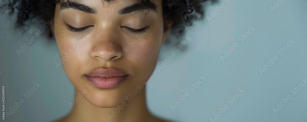 A serene woman with curly hair, eyes closed, conveying calmness and tranquility in a minimalist background. A serene woman with curly hair, eyes closed, conveying calmness and tranquility in a minimalist background.