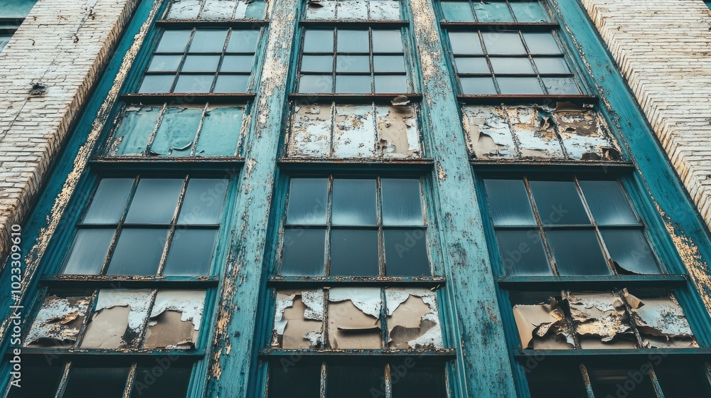Fototapeta premium A vintage building with large windows and peeling paint, ideal for adding text