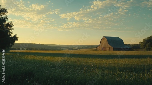 A wide shot of farmland with a barn in the distance. Open sky for adding text