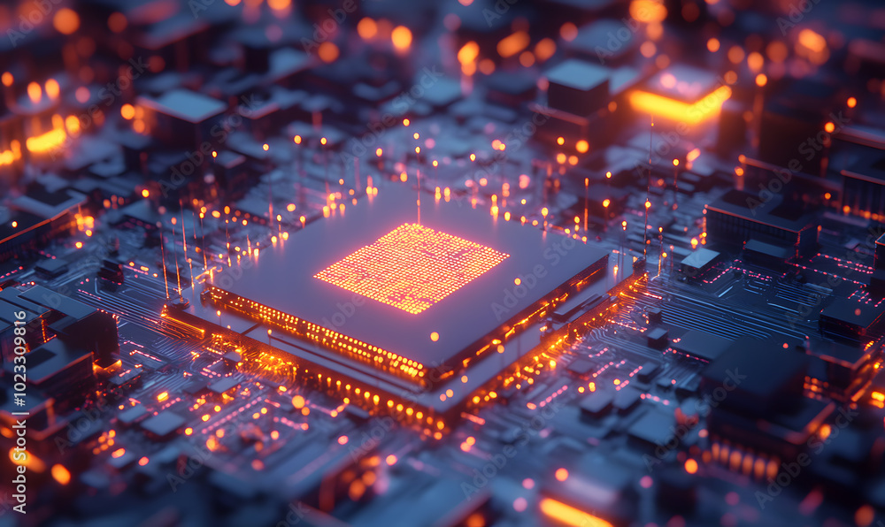 Futuristic AI Chip with Neon Circuits and Dynamic Data Streams in High-Tech Digital Environment