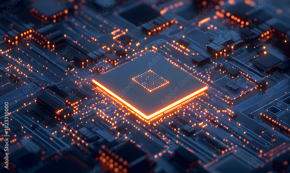 Futuristic AI Chip with Neon Circuits and Dynamic Data Streams in High-Tech Digital Environment