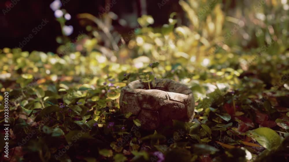 An aged ball sits quietly in a lush patch of greenery, surrounded by soft leaves and plants under gentle natural lighting, evoking a sense of nostalgia and natures embrace. An aged ball sits quietly in a lush patch of greenery, surrounded by soft leaves and plants under gentle natural lighting, evoking a sense of nostalgia and natures embrace.