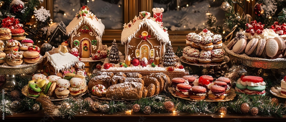 Festive table with gingerbread houses, cookies and Christmas decorations. Festive table with gingerbread houses, cookies and Christmas decorations.