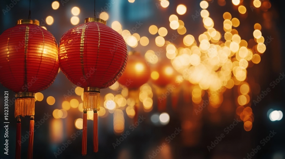 Traditional red lanterns hanging in a row, soft yellow lights illuminating the scene with a bokeh effect in the background, capturing the spirit of Chinese New Year. Traditional red lanterns hanging in a row, soft yellow lights illuminating the scene with a bokeh effect in the background, capturing the spirit of Chinese New Year.