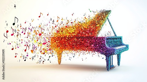 A dynamic rainbow-colored piano seemingly explodes into a burst of colorful music notes, capturing the essence of musical vibrancy and dynamic artistry. photo