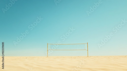 Beach volleyball net on an empty sandy shore, with space for text in the clear sky