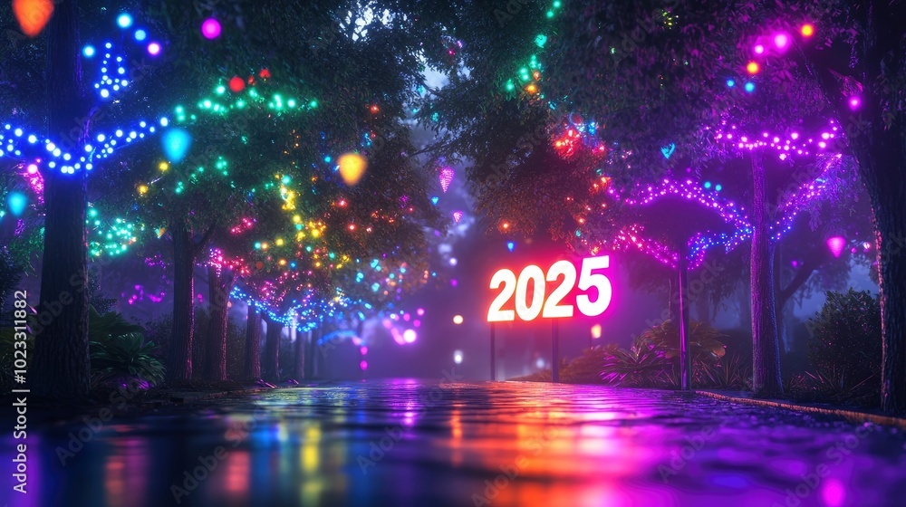 A neon-lit park scene featuring 2025 surrounded by trees adorned with colorful lights. A neon-lit park scene featuring 2025 surrounded by trees adorned with colorful lights.