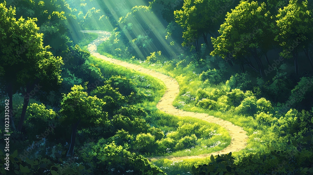 A serene forest pathway illuminated by sun rays, inviting exploration through lush greenery and vibrant foliage. A serene forest pathway illuminated by sun rays, inviting exploration through lush greenery and vibrant foliage.