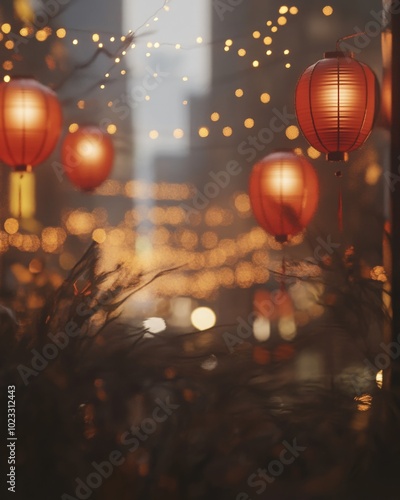 Traditional red lanterns softly glowing, strung along a street during a night festival, with blurred golden lights creating a festive feel