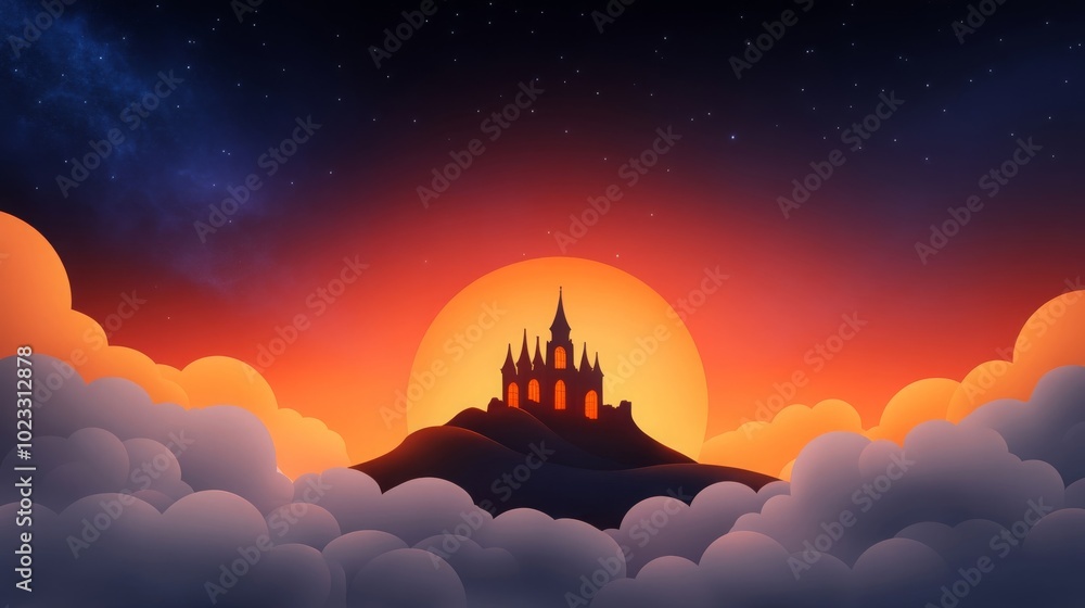 Obraz premium Silhouette of a Castle on a Hilltop with Sunset and Clouds