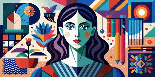 Abstract woman facing collage in modern. Creative feminine geometric pattern in cubist style.