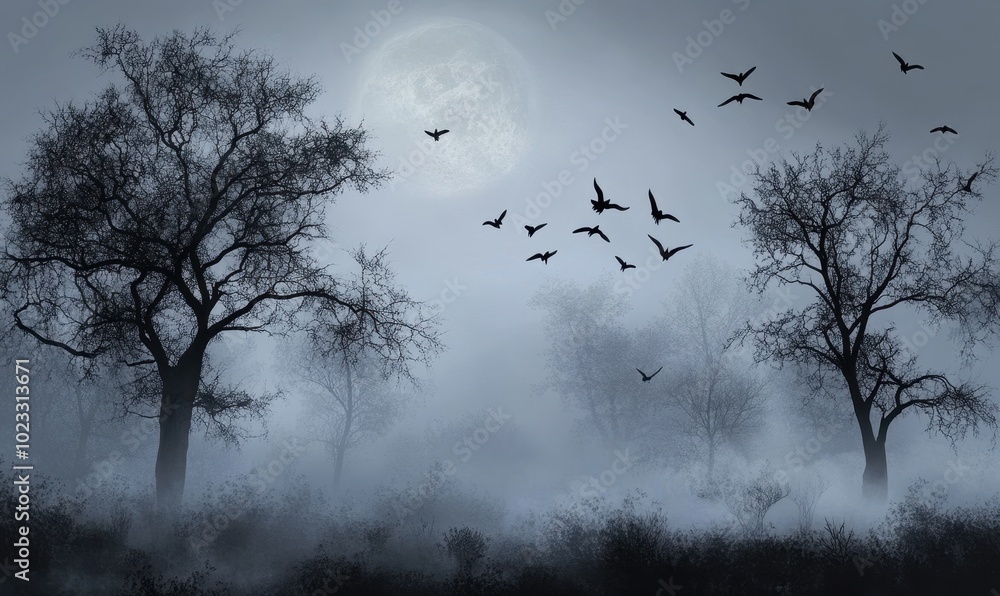 Silhouette of Trees and Birds Flying Against a Full Moon in a Foggy Forest Silhouette of Trees and Birds Flying Against a Full Moon in a Foggy Forest