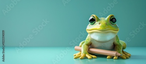 Cute and Curious Green Tree Frog Sitting on Wooden Stick against Vibrant Turquoise Background Adorable Amphibian Animal Portrait with Bright Eyes and Expressive Expression Whimsical