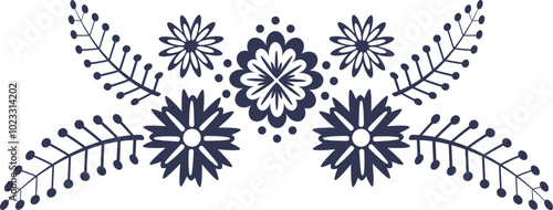 Abstract blossoming head of flowers and branches border line, continuous silhouette