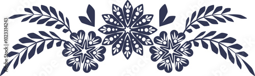 Abstract blossoming head of flowers and branches border line, continuous silhouette