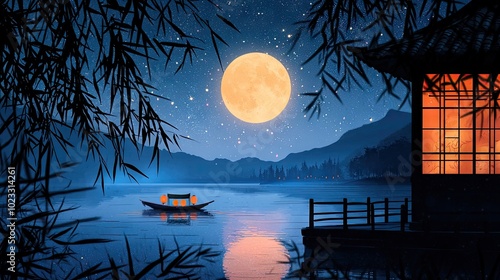 Full moon, Night sky with stars, lake, Close shot of the boat in the frame, Kongming lanternsï¼ŒWarm glowing windows, Moonlit courtyard, Bamboo  photo