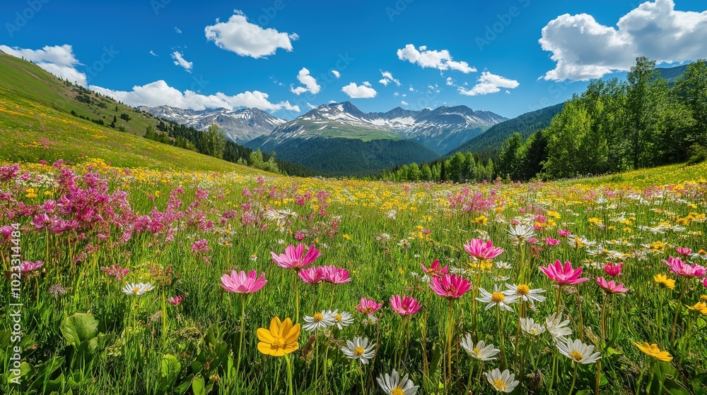 Landscape of the Alpine mountains during springtime, with a vast meadow filled with wildflowers Landscape of the Alpine mountains during springtime, with a vast meadow filled with wildflowers