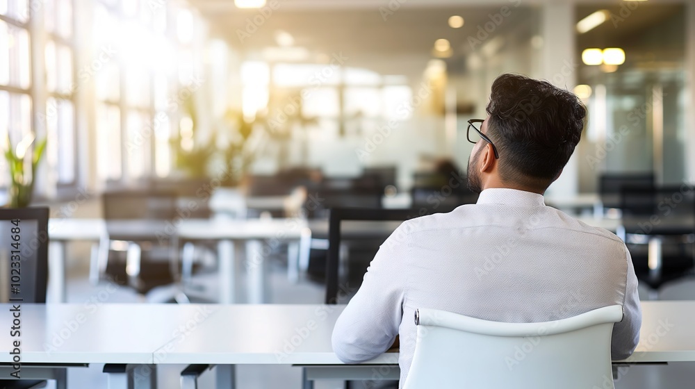 Man sitting alone in an empty office, gazing at an empty desk with a few personal items, symbolizing job loss and layoffs, conveying a sense of uncertainty and reflection Man sitting alone in an empty office, gazing at an empty desk with a few personal items, symbolizing job loss and layoffs, conveying a sense of uncertainty and reflection