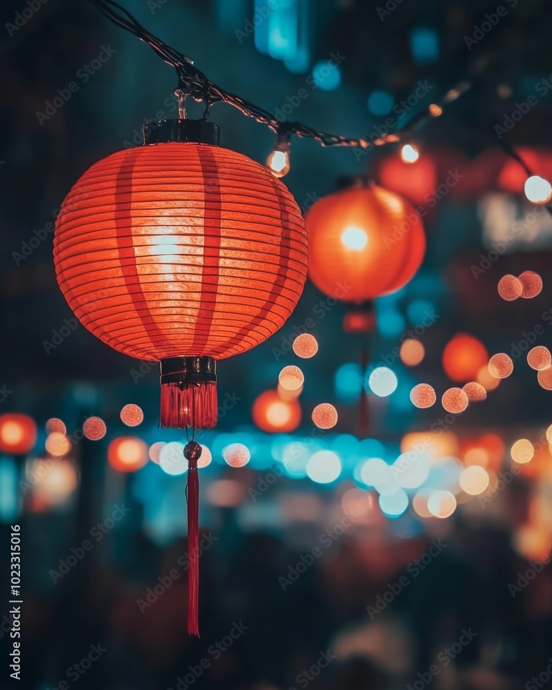 Vibrant red lanterns swaying gently, surrounded by blurry lights and a festive crowd in the background, glowing softly under warm lighting Vibrant red lanterns swaying gently, surrounded by blurry lights and a festive crowd in the background, glowing softly under warm lighting