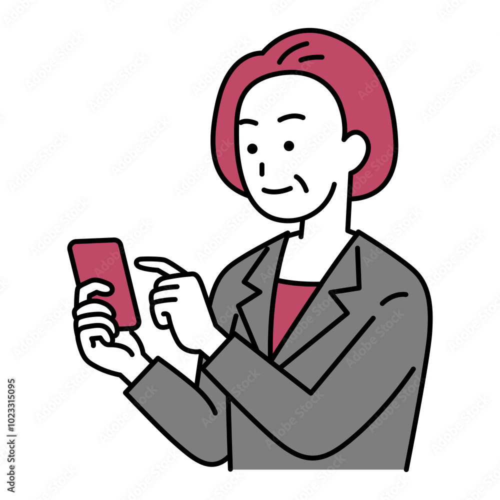 スマートフォンを操作する中年のスーツの女性