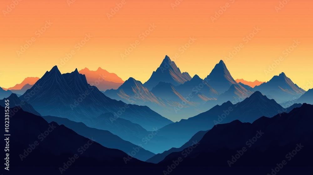 Fototapeta premium Serene mountain range bathed in the rich colors of sunset, with peaks silhouetted against a glowing sky