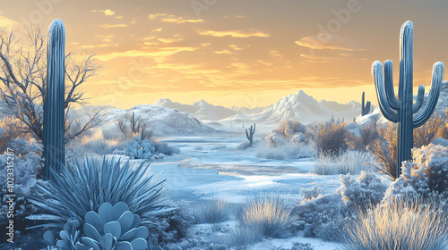Frosted cacti and dunes reflecting the mystique of a frozen desert at dawn. Frost Phoenix. Illustration
