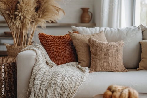 warm earth tones, soft textures, and inviting decor create a cozy home interior ambiance photo