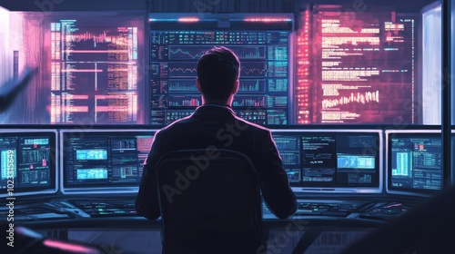 Cyberpunk Hacker Monitoring Digital Data Streams