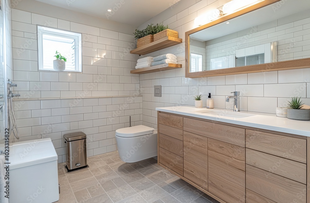 custom made wallpaper toronto digitalModern bathroom with light gray tiles and sleek white features, featuring wooden vanity and large mirror
