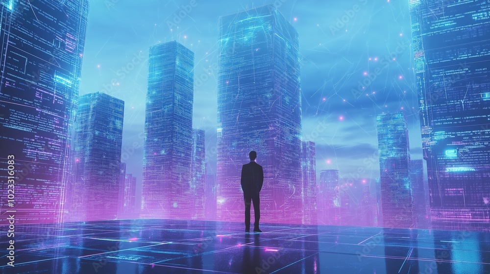 Businessman stands on a platform in a futuristic city, with tall skyscrapers covered in digital data projections and glowing holograms Businessman stands on a platform in a futuristic city, with tall skyscrapers covered in digital data projections and glowing holograms