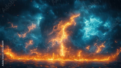 Wallpaper Mural dramatic lightning bolt striking a skyline illuminating the city in bright flashes against a dark stormy sky capturing the power of nature and urban life in one frame Torontodigital.ca