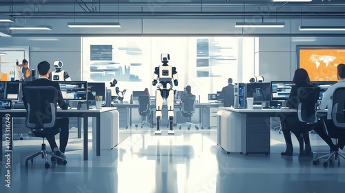 Futuristic Office with Humanoid Robot