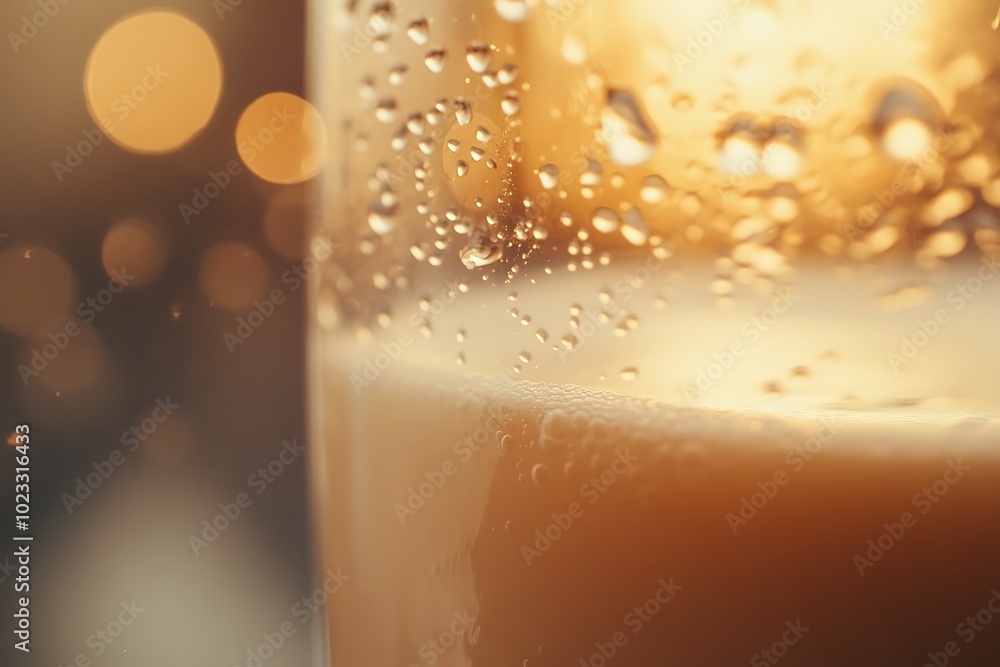 Close up of condensation forming on glass of cold beverage with bokeh