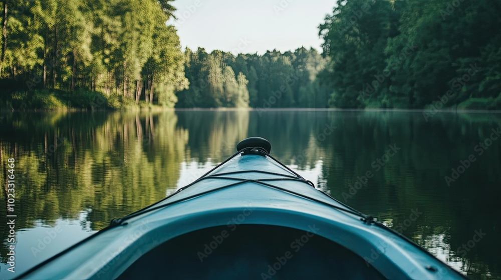 Fototapeta premium Empty kayak floating on a calm summer lake, with trees reflecting in the water. Space for copy in the sky