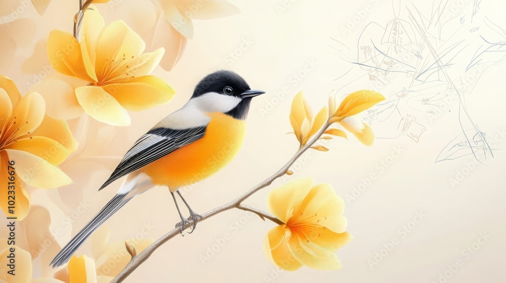 Yellow Bird on Branch with Flowers Yellow Bird on Branch with Flowers