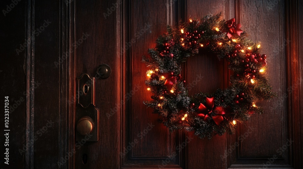 Festive wreath with glowing lights on a wooden door, leaving room for text Festive wreath with glowing lights on a wooden door, leaving room for text