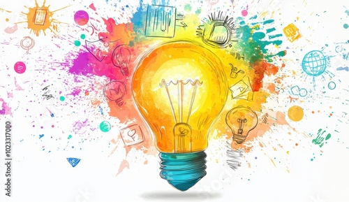 Fototapeta Naklejka Na Ścianę i Meble -  A Lightbulb with Colorful Splashes and Abstract Drawings Surrounding It