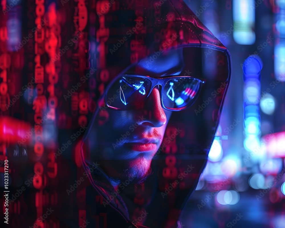 Hooded Hacker Blending Into Neon Lit Urban Cityscape Symbolizing Anonymity in Digital Jungle Hooded Hacker Blending Into Neon Lit Urban Cityscape Symbolizing Anonymity in Digital Jungle