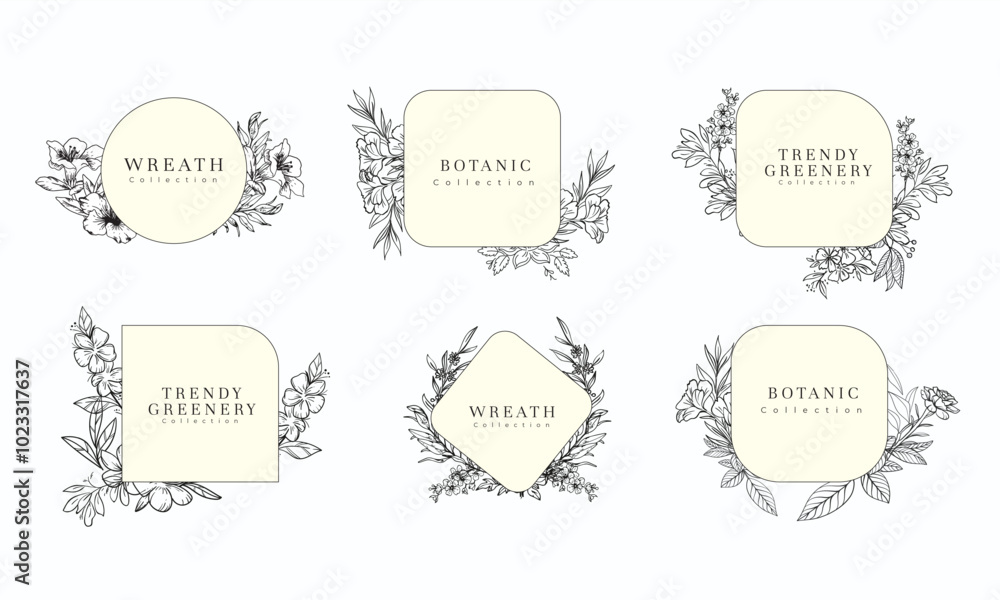 Floral decoration set wreath and round labels. Drawn line wedding herb, elegant leaves for Floral frame & Wedding wildflowers for invitation save the date card Etc. Floral decoration set wreath and round labels. Drawn line wedding herb, elegant leaves for Floral frame & Wedding wildflowers for invitation save the date card Etc.