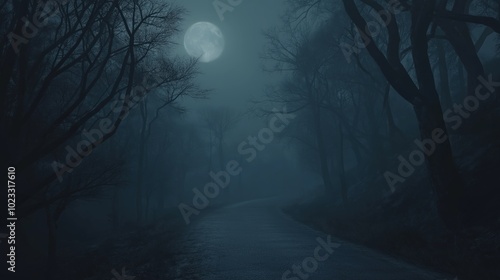 Lonely road stretches through an ominous dark forest photo