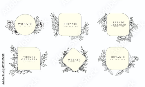 Floral decoration set wreath and round labels. Drawn line wedding herb, elegant leaves for Floral frame & Wedding wildflowers for invitation save the date card Etc.