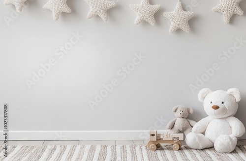 White Teddy Bear with Toy Truck and Star Decorations in a Nursery
