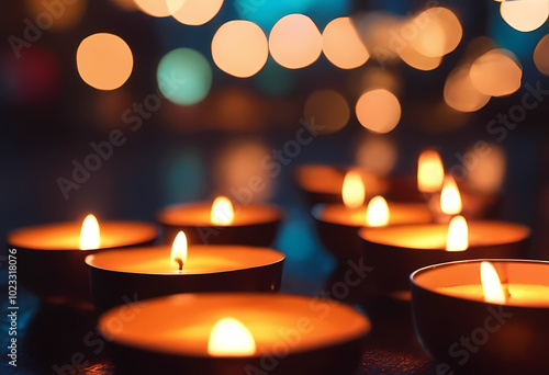 Lit Candle with Bokeh Background of Flickering Flames