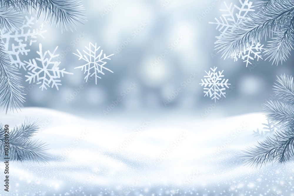 Top view of Christmas snowflakes and fir tree branches in grey pastel. Top view of Christmas snowflakes and fir tree branches in grey pastel.