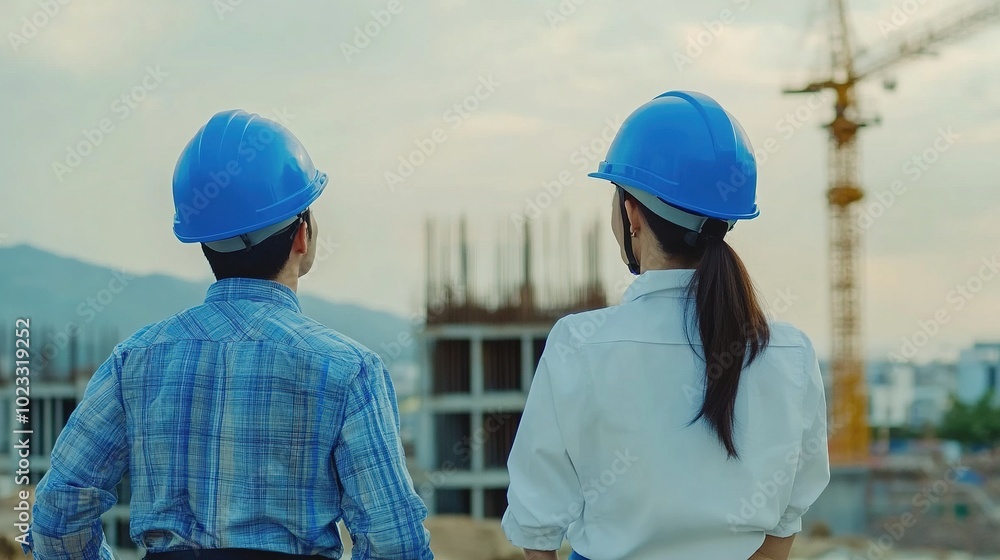 Asian man civil engineer and woman architect wearing blue safety helmet meeting at contruction site. Asian man civil engineer and woman architect wearing blue safety helmet meeting at contruction site.