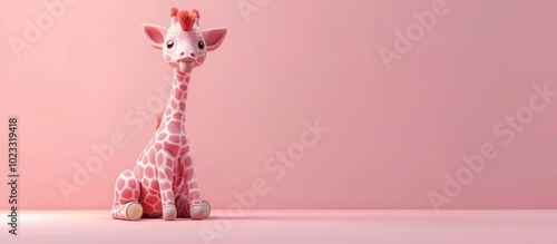 Adorable pink plush giraffe stuffed animal toy sitting on a pastel minimal studio backdrop  Soft cuddly toy perfect for nursery decor children s room baby showers birthdays or as a romantic gift photo