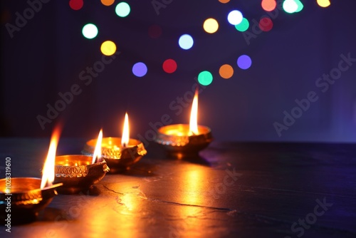 Diwali celebration. Diya lamps on dark table against blurred lights