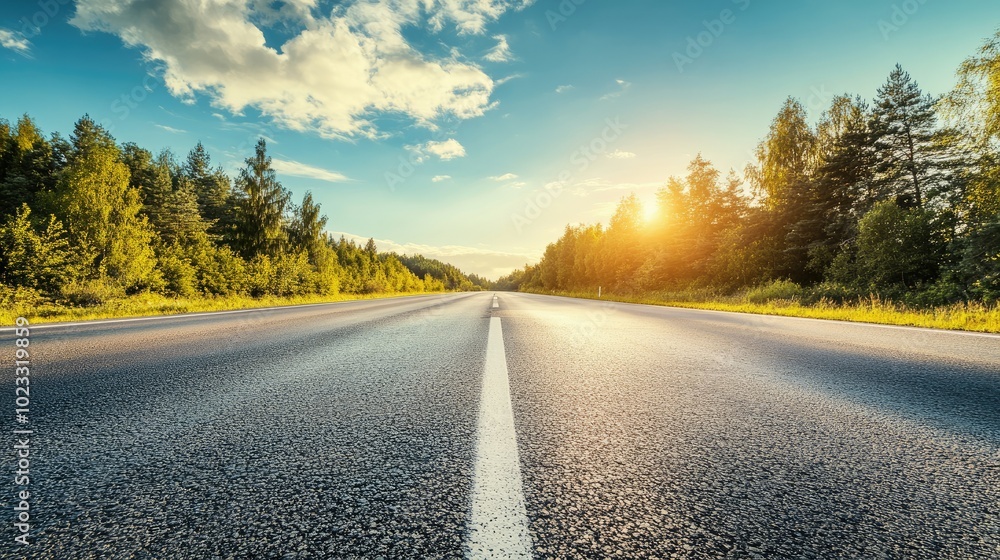 Long stretch of empty highway under a bright summer sky. Open space for copy in the sky. Road trip adventure Long stretch of empty highway under a bright summer sky. Open space for copy in the sky. Road trip adventure